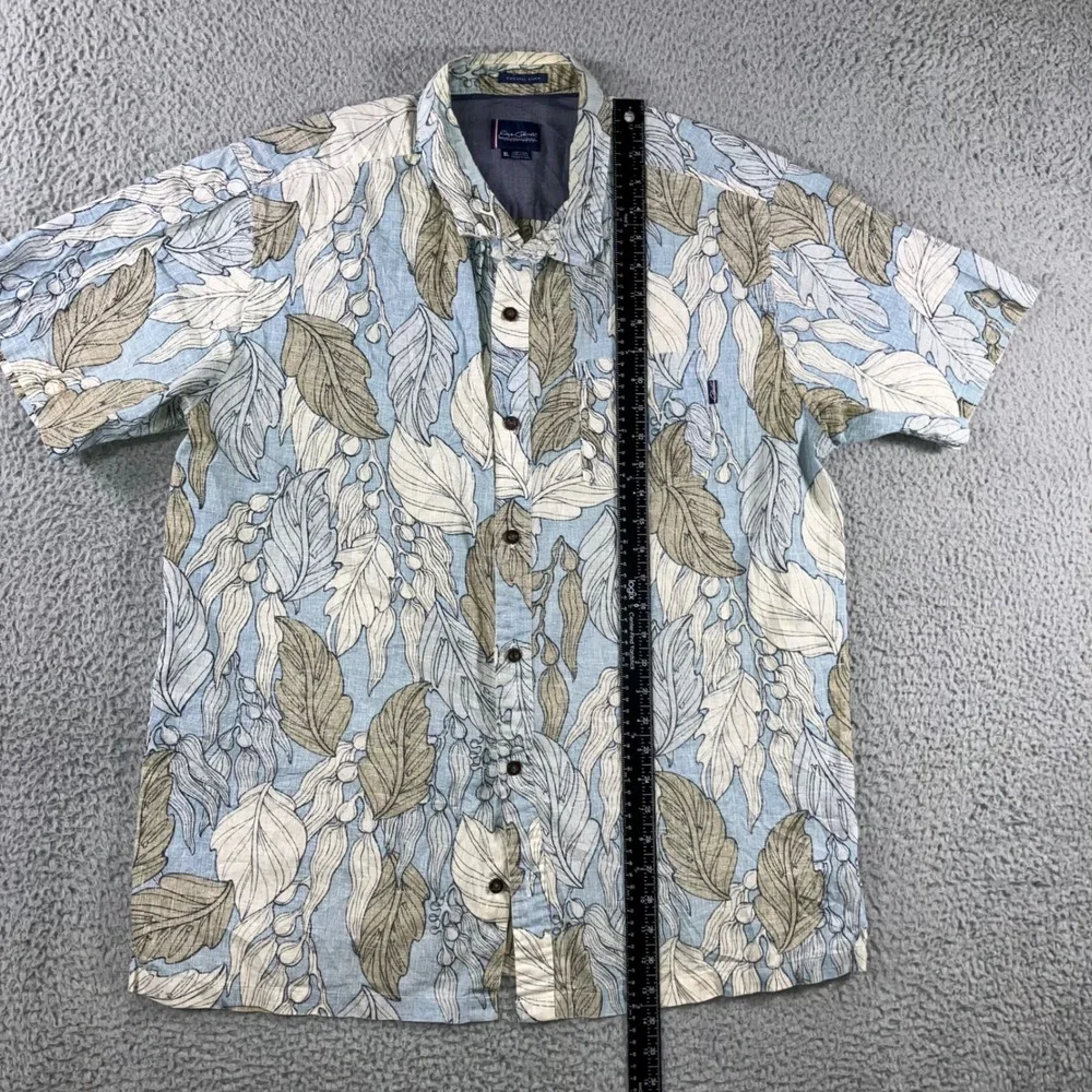 Jack O'Neill Hawaiian Shirt Men XL Coastal Linen Tropical Leaf Print Blue Tan